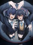  2girls absurdres animal_ear_fluff animal_ears ayane_(blue_archive) black_hair black_shoes black_skirt blue_archive blue_jacket blue_necktie blue_ribbon blush brown_sweater_vest cat_ears cat_girl cellphone crossed_bangs doumu_(31678316) fang glasses hair_between_eyes hair_ribbon heart_arms heart_arms_duo highres holding holding_phone jacket long_hair looking_at_viewer multiple_girls necktie one_eye_closed open_mouth phone plaid_clothes plaid_skirt pleated_skirt pointy_ears red-framed_eyewear red_eyes ribbon serika_(blue_archive) shirt shoes sidelocks skin_fang skirt smartphone sweater_vest taking_picture twintals v white_shirt yellow_eyes 