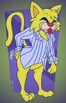 2024 anthro artist_name blonde_hair blue_clothing blue_pajama_shirt blue_topwear bottomless clothed clothing digital_media_(artwork) domestic_cat eyes_closed fangs felid feline felis fur gavanzude hair hi_res male mammal multicolored_body multicolored_clothing multicolored_fur multicolored_shirt multicolored_topwear nintendo pajama_shirt partially_clothed red_nose scratching scratching_butt sharp_teeth shirt smile solo spitz_(warioware) standing tail teeth text tongue tongue_out topwear two_tone_body two_tone_clothing two_tone_fur two_tone_pajama_shirt two_tone_shirt two_tone_topwear warioware yellow_body yellow_ears yellow_fur yellow_tail