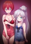  2girls amate_yuzuriha babydoll blue_babydoll blue_eyes breasts collarbone commentary cowboy_shot deux_murasame embarrassed flat_chest freckles gundam gundam_gquuuuuux highres large_breasts long_hair looking_at_viewer multiple_girls prostitution red_babydoll red_hair ryusei2u see-through_babydoll see-through_clothes short_hair white_hair 