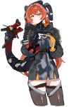  1girl asymmetrical_gloves black_hoodie black_horns black_thighhighs blush dragon_girl dragon_horns dragon_tail fidgeting gloves highres hood hoodie horns long_hair magus_(zenless_zone_zero) massivedoontwei mechanical_tail orange_hair orange_pupils orpheus_(zenless_zone_zero) pointy_ears tail thighhighs twintails white_background yellow_gloves zenless_zone_zero zettai_ryouiki zipping 