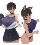  1girl animal_ear_fluff animal_ears black_choker black_hair black_skirt blue_eyes blue_one-piece_swimsuit blush breasts choker closed_mouth collarbone collared_shirt dark-skinned_female dark_skin fang gurenola highres large_breasts mole mole_under_eye one-piece_swimsuit open_mouth original plaid_clothes plaid_skirt school_swimsuit school_uniform shirt short_hair skirt swimsuit tail tomboy white_shirt 