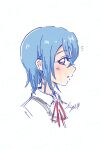  1girl artist_name blue_hair collared_shirt commentary cropped_shoulders crossed_bangs dress_shirt earrings hair_between_eyes jewelry looking_at_viewer love_live! love_live!_superstar!! neck_ribbon notice_lines orange_eyes parted_lips profile red_ribbon ribbon school_uniform shirt short_hair signature simple_background solo stud_earrings symbol-only_commentary wakana_shiki white_background white_shirt yuigaoka_school_uniform zarametoha 