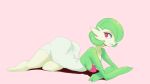  2016 butt clothing female gardevoir green_hair hair humanoid lipstick lying makeup nintendo on_front pink_background pok&eacute;mon pok&eacute;mon_(species) red_eyes simple_background solo sundown_(artist) video_games 