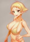  bikini blonde_hair breasts brown_eyes cleavage commentary_request erwin_(girls_und_panzer) girls_und_panzer head_tilt highres large_breasts looking_at_viewer micro_bikini minazuki_juuzou navel one_eye_closed pointy_hair short_hair simple_background smile standing string_bikini swimsuit upper_body 