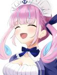  1girl absurdres anchor_symbol blue_bow blue_bowtie blue_hair bow bowtie braid breasts cleavage closed_eyes colored_inner_hair highres hololive maid_headdress mea_mememea minato_aqua minato_aqua_(1st_costume) multicolored_hair open_mouth pink_hair portrait sidelocks simple_background solo streaked_hair twintails two-tone_hair virtual_youtuber white_background 
