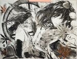  1girl absurdres animal bird commentary_request crow frills greyscale hat hauchiwa highres hisona_(suaritesumi) holding kneehighs leaf leaf_print looking_at_viewer medium_hair monochrome neck_ribbon nihonga photo_(medium) pointy_ears pom_pom_(clothes) print_shirt ribbon seal_impression shameimaru_aya shirt short_sleeves socks solo tokin_hat touhou traditional_media wings 