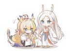  2girls a_deer_of_nine_colors annotated antlers arknights beads blonde_hair blue_eyes blue_hair chibi chibi_only chinese_commentary closed_mouth coat coat_on_shoulders colored_extremities commentary_request dragon_bubble_(arknights) dragon_girl dragon_horns dragon_tail dusk_(arknights) earrings full_body grey_hair highres horns jacket jewelry light_smile long_hair multicolored_hair multiple_girls nian_(arknights) nine-colored_deer orange_hair orange_pupils plant pointy_ears shang_ge_promax shu_(arknights) simple_background skirt smile squatting standing streaked_hair tail very_long_hair white_background white_coat white_hair white_jacket white_skirt 