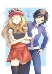  1boy 1girl black_hair black_thighhighs blonde_hair blue_jacket breasts calem_(pokemon) closed_eyes closed_mouth eyewear_on_headwear grey_eyes hat highres jacket long_hair long_sleeves open_mouth pants pink_hat pokemon pokemon_xy pout red_hat red_skirt serena_(pokemon) shirt short_hair skirt sleeveless sleeveless_shirt sunglasses thighhighs white-framed_eyewear yomogi_(black-elf) 