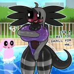 1:1 2023 ahoge amphibian anthro artist_name axolotl bangs barely_visible_genitalia barely_visible_penis big_breasts biped black_body black_sclera black_tail blush breasts cleavage clothed clothing covering covering_self crossgender dialogue digital_drawing_(artwork) digital_media_(artwork) duo english_text eyebrows female front_view ftm_crossgender gender_symbol genitals glistening glistening_body grey_hair hair hi_res lagomorph leporid licorice_(oxyoxyoxyox) looking_at_another male male_symbol mammal marine markings marshmallow_(oxyoxyoxyox) mitten_hands mole_salamander monotone_body mtf_crossgender nipple_outline non-mammal_breasts nude open_mouth open_smile outside oxyoxyoxyox partially_submerged penis pink_body pool rabbit raised_inner_eyebrows salamander smile solo_focus standing striped_markings stripes symbol tail text thick_thighs tight_clothing water white_eyes wide_hips