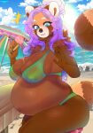 ailurid anthro beach belly big_belly big_breasts bikini breasts brown_body brown_fur cherrikissu clothed clothing day dessert female food fur hair hi_res huge_breasts ice_cream long_hair mammal multicolored_body multicolored_fur orange_body orange_fur outside pregnant purple_hair red_panda seaside solo swimwear tail two-piece_swimsuit white_body white_fur