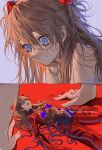  2girls absurdres aged_down arm_support bare_shoulders bodysuit broken character_doll child crying doll dress dual_persona fetal_position film_strip fingernails grey_background hair_between_eyes hair_bobbles hair_ornament hands_on_ground highres hollow_body hugging_doll hugging_object huli_xiaobai interface_headset_(evangelion) long_hair looking_down lying mecha_pilot_suit messy_hair mixed-language_commentary multiple_girls multiple_views neon_genesis_evangelion no_mouth on_back on_side orange_hair plugsuit_(evangelion) red_background red_bodysuit red_dress red_pupils souryuu_asuka_langley split_screen stuffed_toy surreal symbolism transparent two_side_up user_zenn5372 wet 