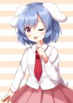 1girl ;d animal_ears blue_hair blush collared_shirt commentary_request cowboy_shot floppy_ears hand_up highres long_sleeves necktie one_eye_closed open_mouth pink_skirt pleated_skirt rabbit_ears red_eyes red_necktie reisen_(touhou_bougetsushou) ruu_(tksymkw) shirt short_hair skirt smile solo striped_background touhou two-tone_background white_background white_shirt yellow_background 