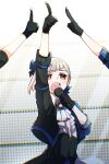  3girls arm_up ascot black_gloves black_jacket blue_jacket chromatic_aberration collared_shirt commentary_request compass_(love_live!) dollchestra dress_shirt frilled_ascot frills gloves grey_hair highres holding holding_microphone index_finger_raised jacket kachimachi_kosuzu kanduki_kamibukuro light_particles link!_like!_love_live! love_live! microphone multicolored_hair multicolored_jacket multiple_girls murano_sayaka official_alternate_costume open_clothes open_jacket open_mouth red_eyes red_hair shirt short_hair solo_focus streaked_hair two-tone_jacket virtual_youtuber white_ascot white_shirt yugiri_tsuzuri 