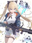 1girl animal_ears assault_rifle blonde_hair blue_eyes blue_jacket cat_ears cat_tail collared_shirt commentary cowboy_shot fake_animal_ears fake_tail furrowed_brow gun hair_between_eyes highres holding holding_gun holding_weapon jacket long_hair michele_(strinova) open_clothes open_jacket open_mouth rifle shibito_(shibito0000) shirt shorts simple_background smile solo standing strinova tail thigh_strap twintails weapon white_background white_shirt white_shorts 