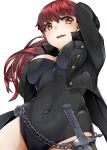  1girl arm_up black_coat black_leotard blush breasts chain cleavage covered_navel flower highres leotard long_coat long_sleeves medium_breasts nemu_(nebusokugimi) open_mouth persona persona_5 ponytail red_eyes red_hair rose smile solo sword upper_body weapon yoshizawa_kasumi 