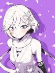  1girl ahoge bare_shoulders blush breasts closed_mouth commentary elbow_gloves falling_petals fishnet_top fishnets flower_knot gloves greyscale_with_colored_background highres japanese_clothes katsuragi_(webmaster909) kimono light_smile looking_at_viewer medium_breasts ninja_(romancing_saga_2) petals purple_background purple_eyes romancing_saga_2 saga short_hair sleeveless sleeveless_kimono solo spot_color twitter_username upper_body 