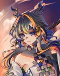  1girl arknights bare_shoulders blonde_hair blue_eyes blue_hair chinese_commentary closed_mouth commentary dragon_girl dragon_horns earrings grey_hair horns jewelry long_hair multicolored_hair necklace off_shoulder orange_pupils pointy_ears shu_(arknights) smile solo sunlight tanyi_(mimanchi27991) upper_body 