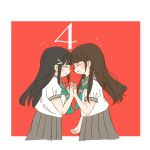 2girls animification aqua_neckerchief black_hair border brown_hair commentary countdown face-to-face grey_sailor_collar grey_skirt hair_ornament hairclip holding_hands interlocked_fingers kase_(ks_lys) komiya_arisa kurosawa_dia long_hair love_live! love_live!_sunshine!! mole mole_under_mouth multiple_girls neckerchief notice_lines outside_border pleated_skirt real_life sailor_collar school_uniform serafuku shirt short_sleeves sidelocks skirt summer_uniform tie_clip uranohoshi_school_uniform voice_actor voice_actor_connection white_border white_shirt 