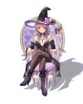  1girl absurdres black_boots black_dress black_pantyhose book boots breasts brown_hair commentary_request crossed_legs dress ejpytr hat herta_(honkai:_star_rail) highres holding holding_book honkai:_star_rail honkai_(series) jewelry key key_necklace long_hair looking_at_viewer medium_breasts necklace on_chair pantyhose purple_eyes simple_background sitting smile solo the_herta_(honkai:_star_rail) very_long_hair white_background witch_hat 