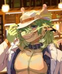 anthro blue_collar blue_eyes bust_portrait clothed clothing collar corzh77 dragon fangs front_view fur furred_dragon furred_scalie green_hair grin hair hat headgear headwear hi_res looking_at_viewer male muscular muscular_anthro muscular_male mythological_creature mythological_scalie mythology narrowed_eyes open_clothing open_topwear outside portrait scalie smile solo teeth topwear white_clothing white_hat white_headwear white_topwear yellow_body yellow_fur