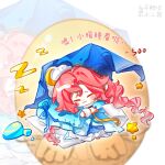  1girl ^_^ absurdly_long_hair barefoot blue_choker blue_dress blue_hat blue_pajamas blush_stickers braid celestial_whispers_(infinity_nikki) chibi chinese_commentary chinese_text choker closed_eyes closed_mouth cloud_hair_ornament commentary_request crescent crescent_hair_ornament dress egg food-themed_creature frilled_choker frilled_dress frills fur_wrist_cuffs hair_between_eyes hair_ornament happy hat hat_ornament highres hugging_object infinity_nikki long_dress long_hair low_twin_braids nightcap nightgown nikki_(nikki) nikki_(series) outline pajamas pillow pink_hair puffy_short_sleeves puffy_sleeves short_sleeves sleeping smile star_(symbol) star_hat_ornament translation_request twin_braids very_long_hair white_background white_outline white_wrist_cuffs wrist_cuffs yiliwa zoom_layer zzz 