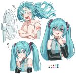  1girl ? aqua_eyes aqua_hair aqua_necktie arm_up bare_shoulders bib_(bibboss39) black_sleeves chibi closed_eyes collarbone color_guide commentary detached_sleeves dot_nose electric_fan english_commentary frills grey_shirt hatsune_miku highres long_hair looking_at_viewer multiple_views necktie number_tattoo open_mouth shirt simple_background sleeveless sleeveless_shirt smug tattoo vocaloid white_background 
