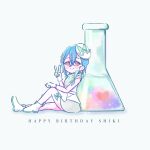  1girl abukero artist_name blue_hair boots character_name closed_mouth commentary_request crossed_bangs dress erlenmeyer_flask flask full_body gloves hair_between_eyes happy_birthday highres looking_at_viewer love_live! love_live!_superstar!! official_alternate_costume orange_eyes short_dress short_hair signature simple_background sitting sleeveless sleeveless_dress smile solo special_color_(love_live!) v wakana_shiki white_boots white_gloves 