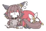  :&lt; animal_ears animalization black_bow black_bowtie bow bowtie braid braided_hair_rings brown_hair commentary creature ear_covers gentildonna_(umamusume) hair_rings horse_ears horse_tail long_hair no_humans sidelocks simple_background sleepy tail takatsuki_nato umamusume white_background 