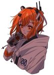  1girl a.i._voice adachi_rei black_shirt breast_pocket cassette_player computer_chip cropped_torso flat_chest floating_hair hair_between_eyes hair_ornament hair_ribbon hand_up headphones highres holding jacket koz_001 looking_at_viewer netsu_ijou_(utau) open_clothes open_jacket orange_eyes orange_hair parted_bangs pocket ribbon shirt side_ponytail solo twitter_username utau white_jacket white_ribbon zipper 