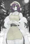  belt black_belt black_choker black_ribbon breasts chainsaw_man choker coat dress fur_coat gloves green_dress green_eyes hair_between_eyes highres index_fingers_together judgementkazzy pink_lips purple_eyes reze_(chainsaw_man) ribbon side_slit small_breasts smile snowing spaghetti_strap thick_thighs thighs two-tone_background white_gloves 
