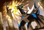  arceus backlighting black_sclera blue_gemstone body_markings colored_sclera colored_skin column dialga ewokakukaede floating from_below gem glowing green_gemstone green_sclera grey_background grey_skin highres multicolored_eyes no_humans pillar pokemon pokemon_(creature) pokemon_focus red_eyes watermark white_skin 