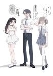  1boy 2girls :d arm_behind_head arm_up azumaya_haruka belt black_belt black_hair black_pants black_shoes bow breasts brown_eyes brown_hair clenched_teeth collared_shirt commentary_request dress fang frilled_dress frills grey_necktie grey_skirt hair_bow hair_rings highres hiizumi_rinne hot loafers long_sleeves low_ponytail medium_breasts multiple_girls necktie pants pleated_skirt pointing ponytail sakura_no_sekai shadow shirt shoes short_sleeves simple_background skirt sleeveless sleeveless_dress smile sweat teeth thighhighs translation_request tsuruse twintails utsumi_sakura v-shaped_eyebrows watch white_background white_bow white_dress white_shirt white_shoes white_thighhighs wristwatch 