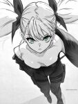  1girl aqua_eyes armpits bodysuit breasts character_request cleavage collarbone from_above full_body hair_between_eyes harutoyumaarts highres kaijuu_no._8 looking_at_viewer monochrome out_of_frame partially_colored simple_background single_bare_shoulder skin_tight small_breasts solo twintails 