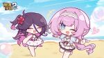  2girls ;o absurdres ahoge beach benghuai_xueyuan bikini bikini_skirt blue_jacket blue_sky bubble chibi chinese_commentary colored_inner_hair commentary_request copyright_logo elf elysia_(honkai_impact) elysia_(miss_pink_elf)_(honkai_impact) elysia_(summer_miss_elf)_(honkai_impact) eta flower hair_flower hair_ornament hairband heart highres honkai_(series) honkai_impact_3rd houraiji_kyuushou in-franchise_crossover jacket long_hair multicolored_hair multiple_girls ocean official_alternate_costume official_art one-piece_swimsuit one_eye_closed outdoors pink_hair pointy_ears polka_dot_innertube purple_hair purple_one-piece_swimsuit second-party_source sky smile swimsuit thigh_strap two-tone_hair white_bikini white_hairband 
