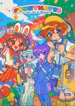  2boys 2girls :d :o animal_ears argyle_clothes argyle_sweater_vest bandaid bandaid_on_arm bandaid_on_cheek bandaid_on_face bandaid_on_knee bandaid_on_leg bike_shorts bike_shorts_under_shorts blue_eyes blue_hair blue_headband blue_jacket blue_pantyhose blue_ribbon blue_shoes blue_shorts blue_sweater_vest blush_stickers brown_hair cat_ears closed_mouth collared_shirt commentary day english_commentary hair_ornament hairclip hand_up hat headband headphones headphones_around_neck highres itousa jacket knee_pads kneehighs looking_at_viewer loose_socks multiple_boys multiple_girls neck_ribbon open_mouth original outdoors pants pantyhose parallel_hairclips plaid_clothes plaid_jacket plaid_pants plaid_pantyhose purple_hair rabbit_ears rainbow red_eyes red_shorts ribbon shirt shoes short_hair short_sleeves shorts signature smile socks standing sweater_vest tree watermark waving white_pants white_shirt wristband yellow_hat yellow_shorts yellow_socks 