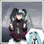  2girls anchovy_(girls_und_panzer) anzio_school_uniform aqua_hair batsu_miku black_cape black_necktie black_ribbon black_skirt brown_eyes cape closed_mouth commentary cosplay costume_switch dress_shirt drill_hair emblem english_commentary frown girls_und_panzer green_hair grey_jacket hair_ribbon hatsune_miku headset highres holding holding_riding_crop inset jacket kneeling long_hair long_sleeves looking_at_viewer miniskirt montoya13 multiple_girls necktie o_o open_mouth pantyhose pleated_skirt ribbon riding_crop school_uniform shirt skirt trait_connection translated twin_drills twintails vocaloid white_pantyhose white_shirt wing_collar 