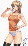  1girl absurdres aqua_eyes armpit_crease bare_arms black_thighhighs blonde_hair blush breasts camisole commentary_request food hair_between_eyes hand_on_own_hip highres holding holding_food holding_popsicle kamimura_chika looking_at_viewer medium_breasts melting_popsicle no_pants open_mouth orange_camisole panties perky_breasts popsicle revision signature simple_background sisters_~natsu_no_saigo_no_hi~ solo sweat thighhighs thighs two_side_up underwear white_background white_panties yoo_tenchi 