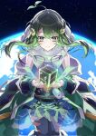  1girl earth_(planet) green_hair green_pants highres long_hair mecha_musume niwa_circle original pants personification planet satellite sky solo space star_(sky) starry_sky 