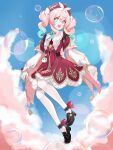  1girl a_feng_feng_feng_jiang absurdres aqua_eyes aqua_hair black_shoes blue_sky bubble chinese_commentary cloud commentary_request dress hat highres honkai:_star_rail honkai_(series) hyacine_(honkai:_star_rail) medium_hair midriff miyoushe_watermark multicolored_hair pantyhose pink_hair red_dress red_hat shoes sky smile solo two-tone_hair watermark white_pantyhose 