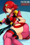  1girl absurdres armor ass backless_outfit bob_cut breasts chest_jewel closed_mouth commentary core_crystal_(xenoblade) earrings highres jewelry large_breasts looking_at_viewer lying on_side patreon_username pyra_(xenoblade) red_eyes red_hair red_shorts short_hair shorts shoulder_armor smgold smile solo suspenders swept_bangs thick_thighs thighs tiara watermark xenoblade_chronicles_(series) xenoblade_chronicles_2 
