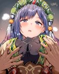  1boy 1girl belko blue_eyes blue_hair blush breasts earrings eyelashes grabbing_another&#039;s_breast grabbing_from_behind groping hat hetero highres jewelry large_breasts long_hair looking_at_viewer parted_lips romancing_saga_2 saga signature simple_background sofia_(romancing_saga_2) solo solo_focus stud_earrings sweat tassel twitter_username upper_body 