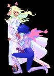  1girl 1other absurdres animal_ears antlers armor armored_boots beryllium_game black_background black_eyes black_unitard blonde_hair blood blue_hair blue_skin boots breastplate cape colored_skin commentary deer_antlers deer_ears deer_girl deltarune floating_hair hashtag-only_commentary highres holding holding_sword holding_weapon hooded_robe horns kris_(dark_world)_(deltarune) kris_(deltarune) long_hair noelle_holiday noelle_holiday_(dark_world) on_one_knee pink_cape red_eyes robe short_hair sword weapon weird_route_(deltarune) white_robe wide_sleeves 