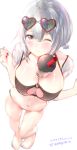  1girl alternate_costume azur_lane bangs barefoot bikini black_bikini blurry blush breasts bubble_tea bubble_tea_challenge character_name cleavage closed_mouth copyright_name cup depth_of_field drinking_straw eyebrows_visible_through_hair eyelashes eyewear_on_head from_above full_body hair_between_eyes hands_up heart heart-shaped_eyewear highres large_breasts looking_at_viewer navel o-ring o-ring_bikini o-ring_top object_on_breast one_eye_closed red_eyes red_nails rorigahaku shiny shiny_hair short_hair simple_background sirius_(azur_lane) sirius_(midsummer_seirios)_(azur_lane) solo swimsuit thighs twitter_username white_background white_hair 