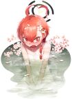  absurdres ahoge bare_shoulders bathing black_halo blue_archive blush braid breasts cherry_blossoms embarrassed fang flower flower_on_head hair_between_eyes halo highres mole mole_under_eye naked_towel neru_(blue_archive) nose_blush onsen open_mouth red_eyes red_hair sb_(dlwnsrl1783) short_hair single_braid skin_fang small_breasts solo towel white_background 