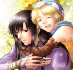  1boy 1girl ^_^ bad_id black_eyes black_hair blonde_hair closed_eyes couple fingerless_gloves fire_emblem fire_emblem:_genealogy_of_the_holy_war gloves hetero hug hug_from_behind long_hair lowres open_mouth patty_(fire_emblem) shannan_(fire_emblem) shirt sleeveless sleeveless_shirt smile upper_body usachu_now yellow_shirt 