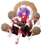  1girl alphes_(style) anklet commentary_request crossed_legs dairi full_body hair_ornament highres jewelry leaf leaf_hair_ornament long_skirt looking_at_viewer maple_leaf onbashira outstretched_arms parody purple_hair red_eyes rope sandals shimenawa sitting skirt smile solo style_parody tachi-e touhou transparent_background tunic yasaka_kanako 