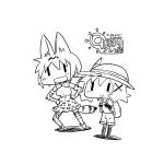  2girls animal_ears aoki_ume_(style) backpack bag bare_shoulders black_gloves bow bowtie chibi elbow_gloves gloves hair_ornament hairclip hat hat_feather helmet hidamari_sketch kaban_(kemono_friends) kemono_friends long_hair miyako mizushima_(p201112) monochrome multiple_girls open_mouth parody pith_helmet serval_(kemono_friends) serval_ears serval_print serval_tail shirt short_hair shorts skirt sleeveless smile t-shirt tail title_parody wavy_hair wide_face yuno |_| 