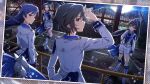  4girls ahoge arm_up ascot belt black_ascot black_hair blue_eyes blue_hair boots bridge brown_eyes cityscape closed_mouth commentary_request floating_hair from_behind game_cg ganaha_hibiki hand_on_own_hip idolmaster idolmaster_(classic) idolmaster_million_live! idolmaster_million_live!_theater_days jacket kikuchi_makoto kisaragi_chihaya knee_boots long_hair long_sleeves looking_at_viewer looking_back miura_azusa multiple_girls night official_art outdoors ponytail purple_eyes short_hair shorts smile standing thigh_strap third-party_source white_belt white_boots white_jacket white_shorts 