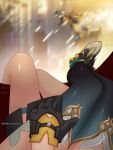  1boy 2girls absurdres aqua_thighhighs aventurine_(boss)_(honkai:_star_rail) aventurine_(honkai:_star_rail) black_gloves black_skirt blurry eidis_scarlet firefly_(honkai:_star_rail) gloves hand_on_another&#039;s_thigh highres honkai:_star_rail honkai_(series) miniskirt multiple_girls skirt stelle_(honkai:_star_rail) thigh_strap thighhighs thighs trailblazer_(honkai:_star_rail) twitter_username 