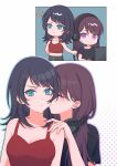  2girls bang_dream! bang_dream!_it&#039;s_mygo!!!!! black_hair black_shirt blue_eyes blush brown_hair closed_eyes closed_mouth commentary hand_on_another&#039;s_shoulder hashtag-only_commentary headphones headphones_around_neck highres kiss kissing_cheek long_hair mole mole_under_eye multiple_girls purple_eyes red_tank_top shiina_taki shirt short_sleeves sweatdrop tank_top white_background yahata_umiri yuri zizoumiao 